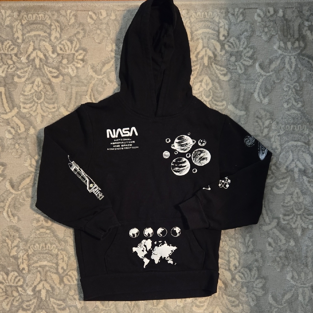 Black NASA Graphic Hoodie, Black/white Graphics, Size 8